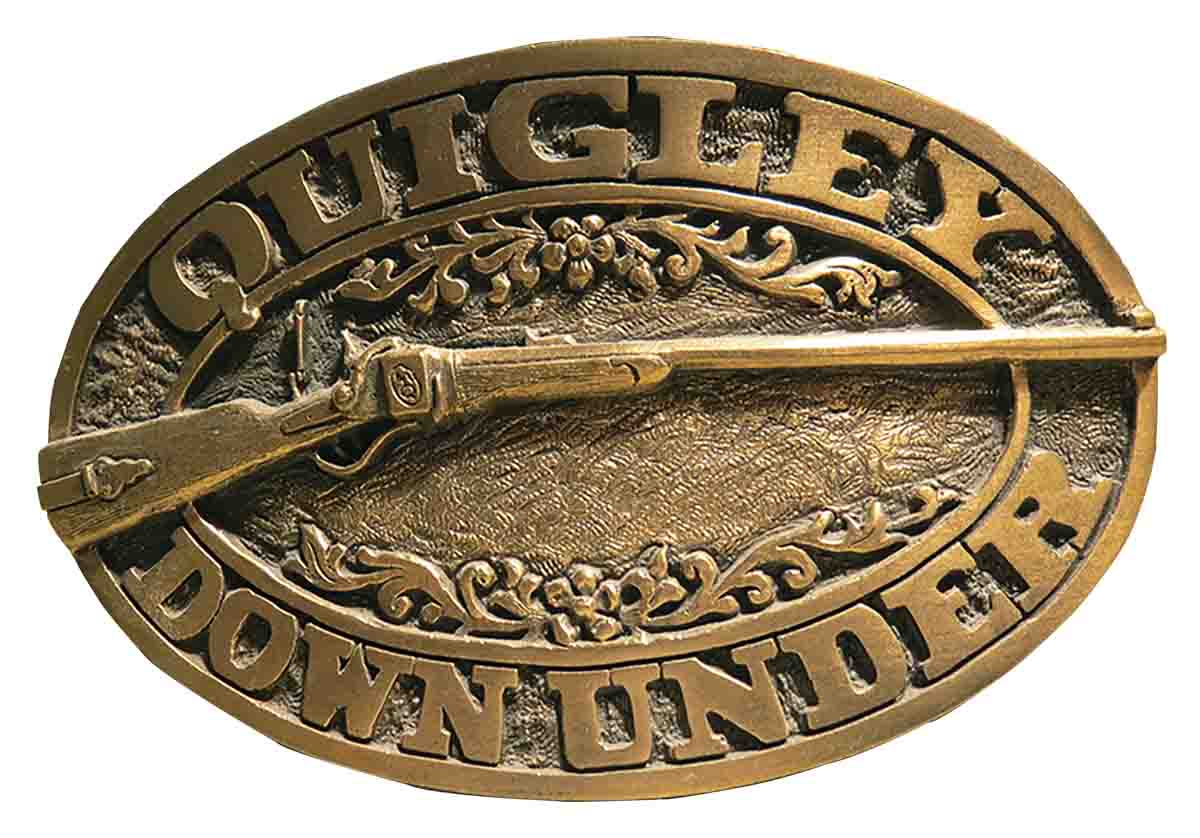 This belt buckle was a gift from Tom Selleck in appreciation for Mike helping with the movie Quigley Down Under.